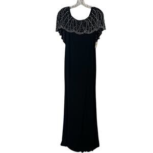 Marina Women's Size 4 Black Beaded Capelet V-Back Long Formal Dress